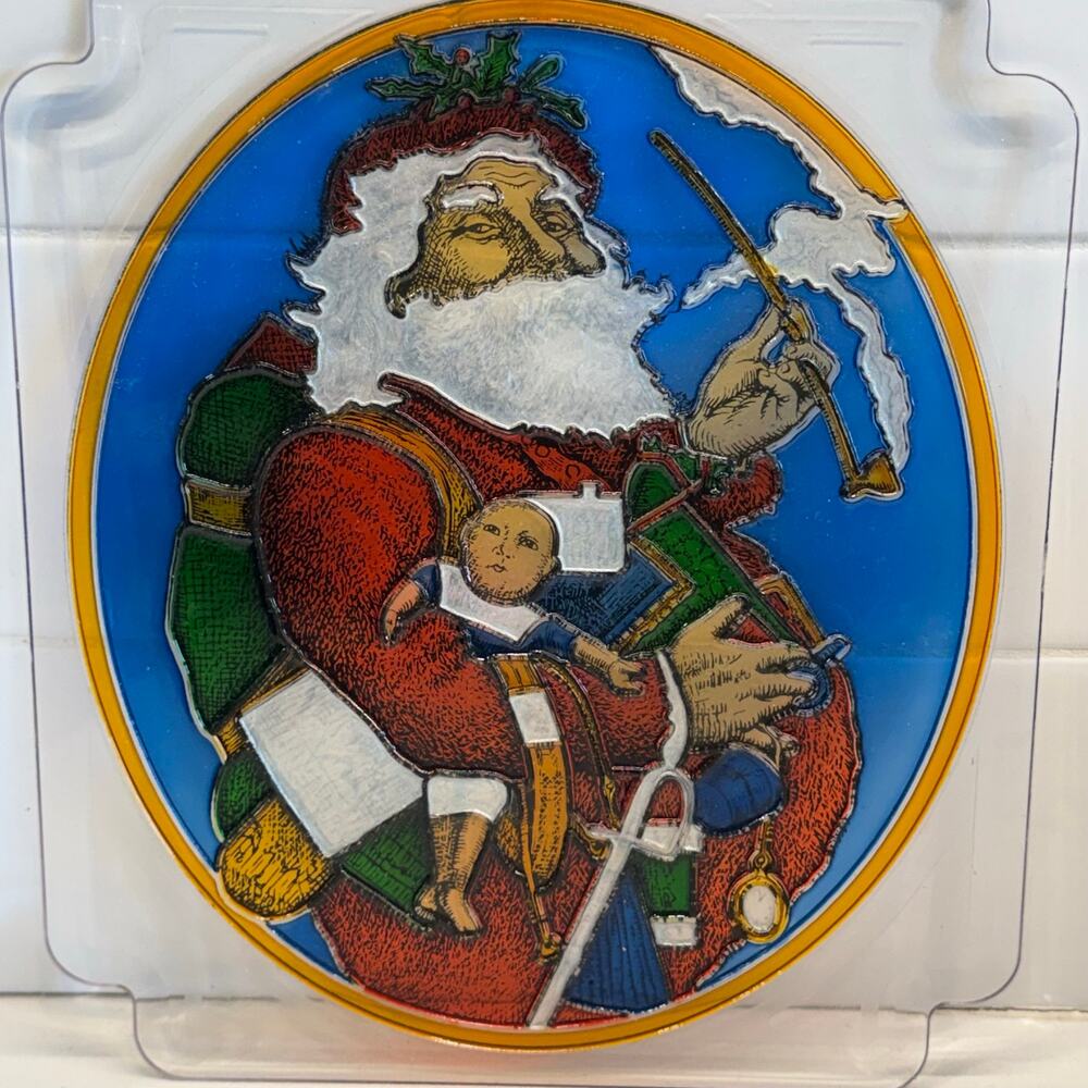 Vintage 1998 CHC Thomas Nast Santa Stained Glass Style Suncatcher Window 8x7